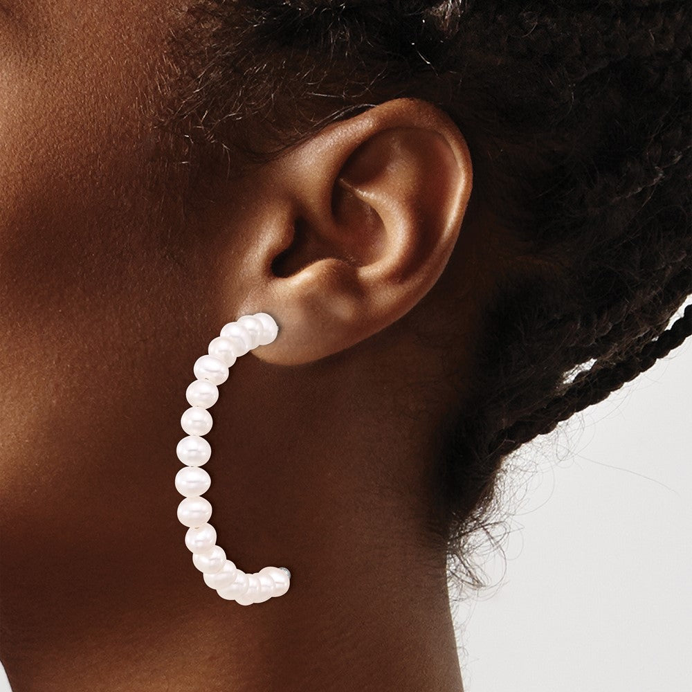 Sterling Silver Rhodium-Plated 5-6mm Fwc Pearl Post J-Hoop Earrings