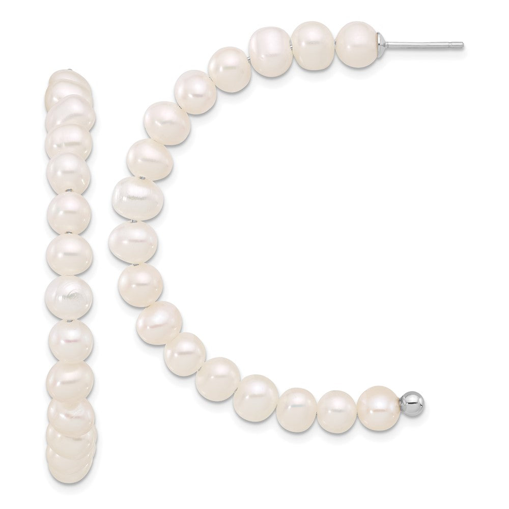 Sterling Silver Rhodium-Plated 5-6mm Fwc Pearl Post J-Hoop Earrings