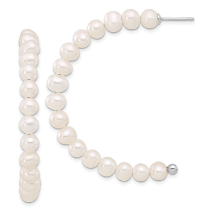 Sterling Silver Rhodium-Plated 5-6mm Fwc Pearl Post J-Hoop Earrings
