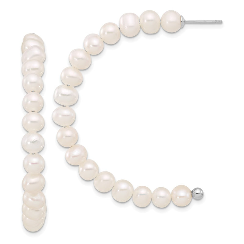 Sterling Silver Rhodium-Plated 5-6mm Fwc Pearl Post J-Hoop Earrings