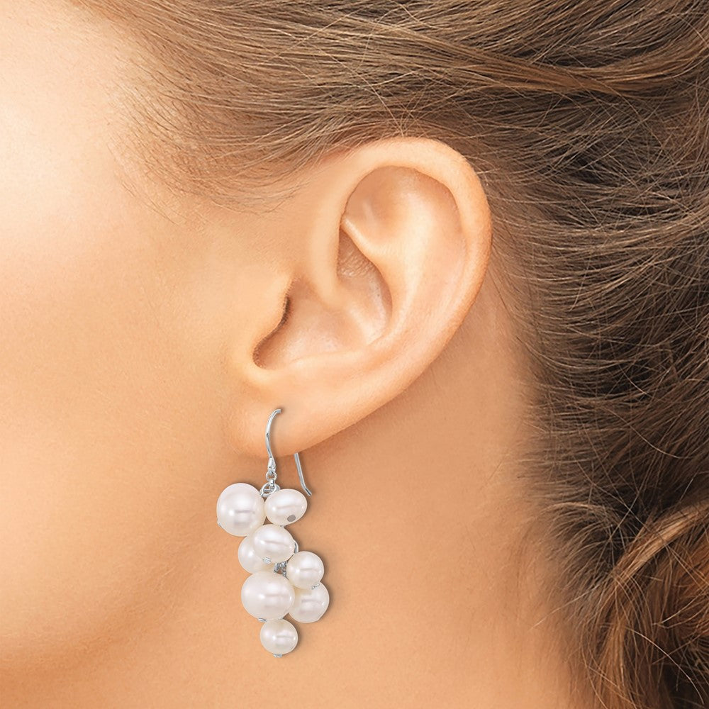 Sterling Silver Rhodium-Plated 6-10mm White Fwc Pearl Dangle Earrings