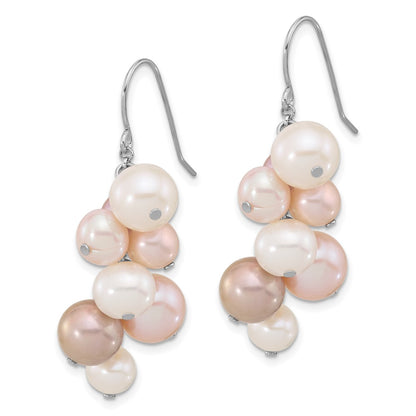 Sterling Silver Rhodium Plated 6-10mm Multicolor Fwc Pearl Dangle Earrings