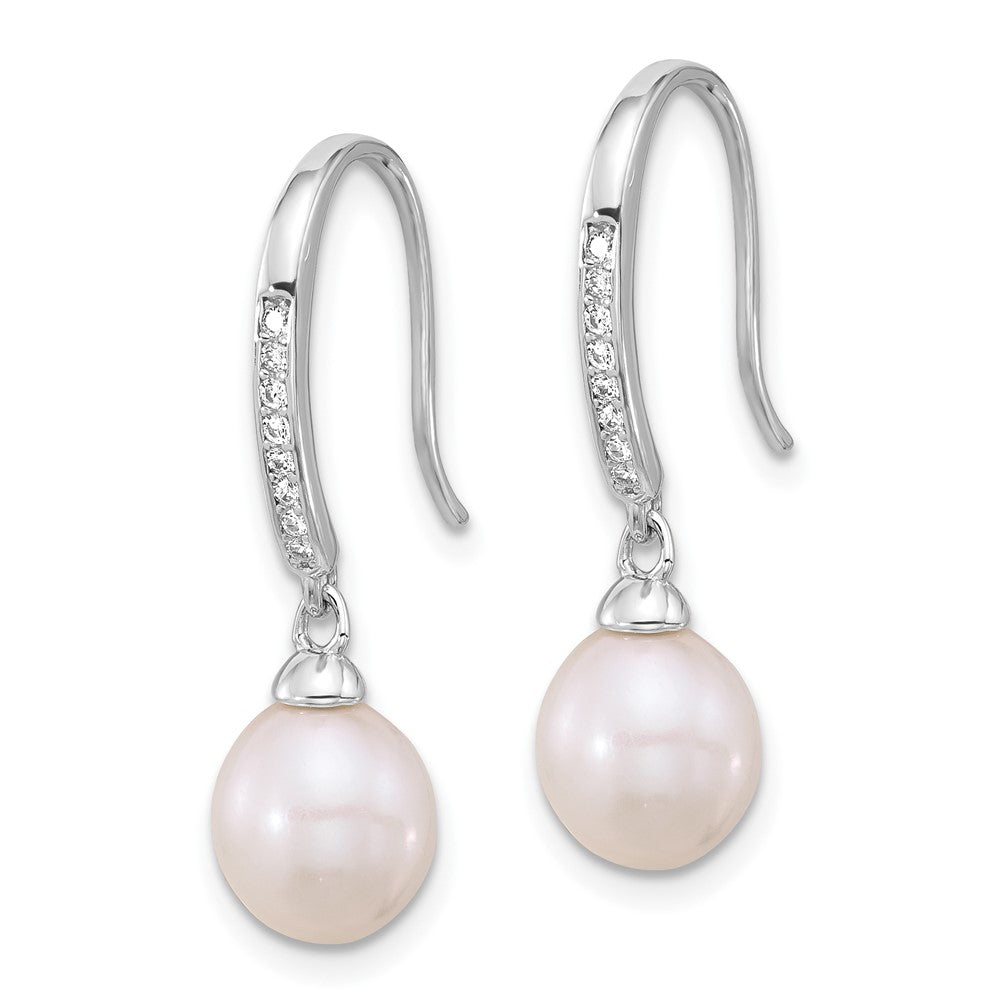Sterling Silver Rhodium Plated Polished 7-8mm Fwc Pearl and CZ Dangle Earrings