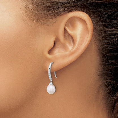 Sterling Silver Rhodium Plated Polished 7-8mm Fwc Pearl and CZ Dangle Earrings