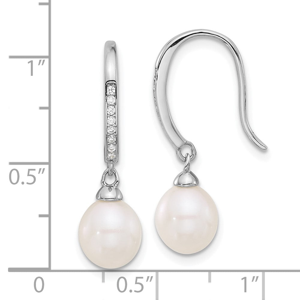 Sterling Silver Rhodium Plated Polished 7-8mm Fwc Pearl and CZ Dangle Earrings