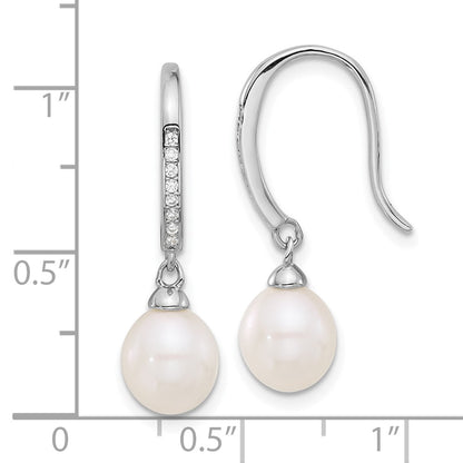 Sterling Silver Rhodium Plated Polished 7-8mm Fwc Pearl and CZ Dangle Earrings