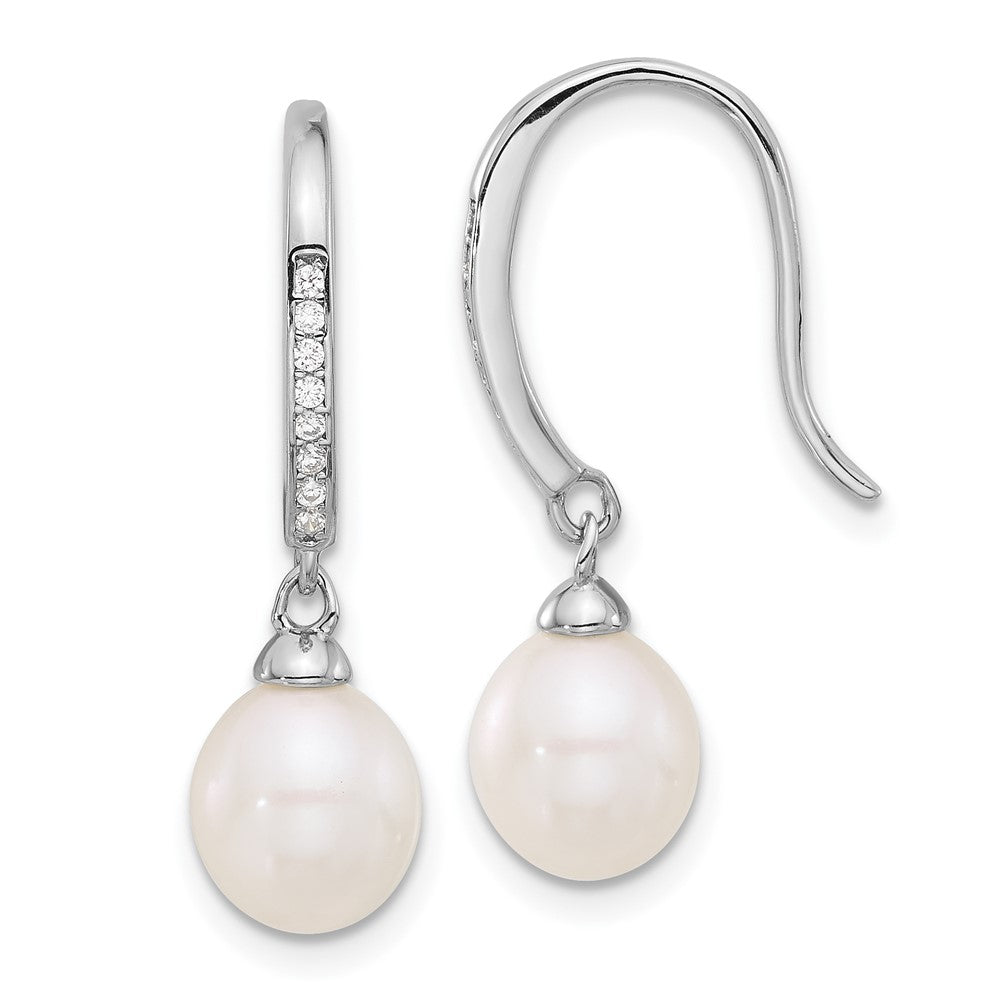 Sterling Silver Rhodium Plated Polished 7-8mm Fwc Pearl and CZ Dangle Earrings