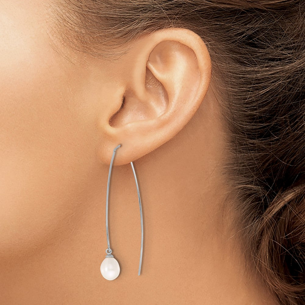Sterling Silver Rhodium Plated 7-8mm Fwc Teardrop Pearl Threader Earrings