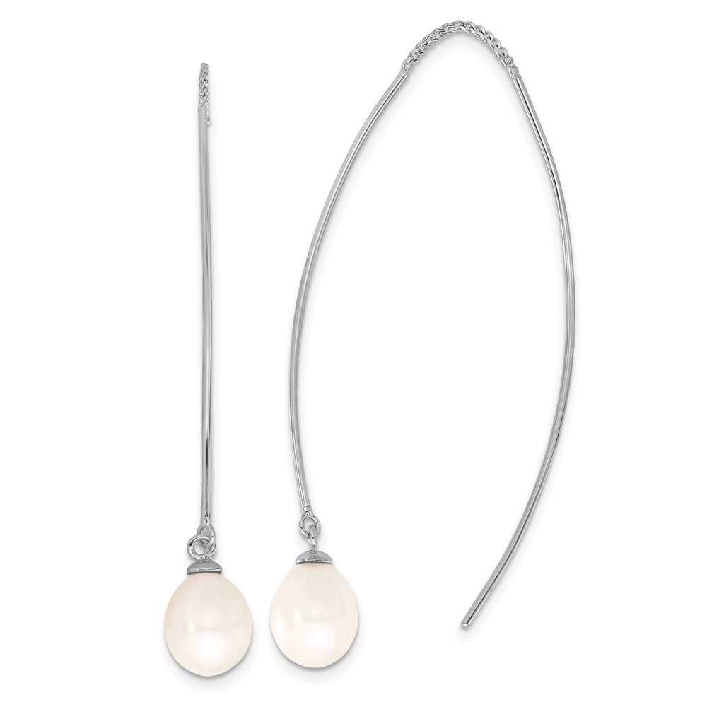 Sterling Silver Rhodium Plated 7-8mm Fwc Teardrop Pearl Threader Earrings