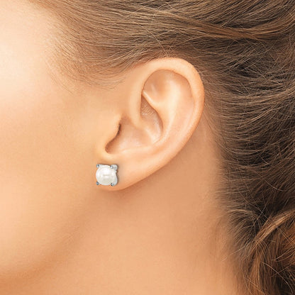 Sterling Silver Polished/twisted CZ and Synthetic Pearl Post Earrings