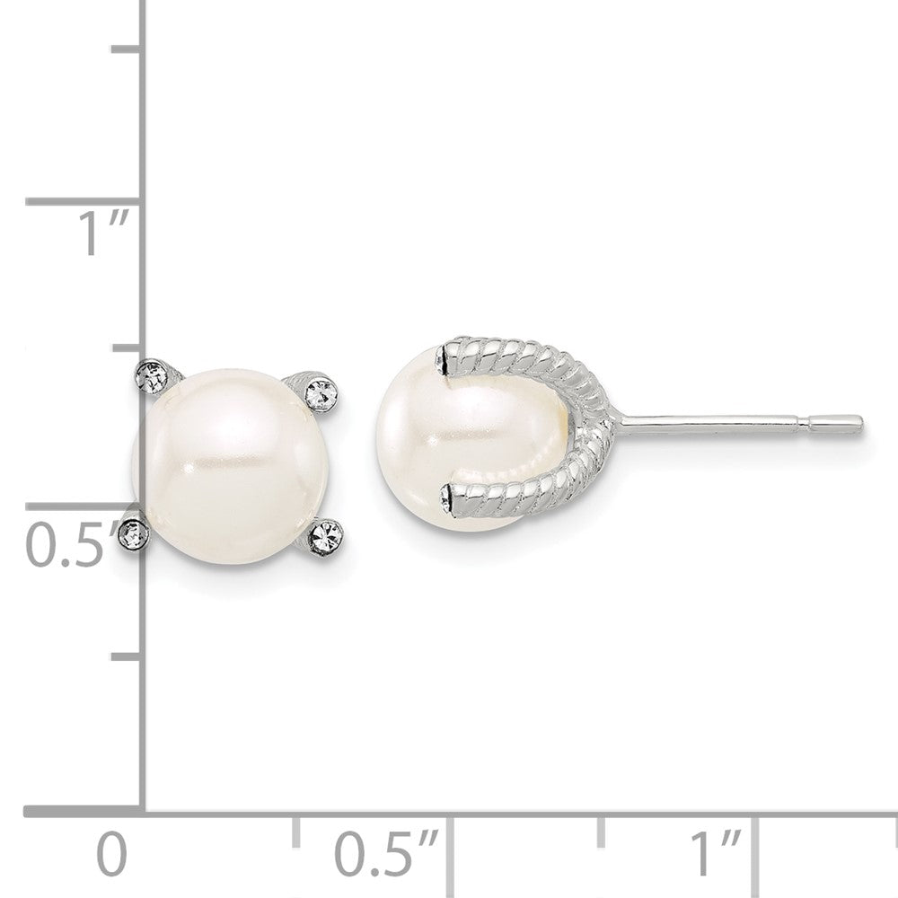 Sterling Silver Polished/twisted CZ and Synthetic Pearl Post Earrings