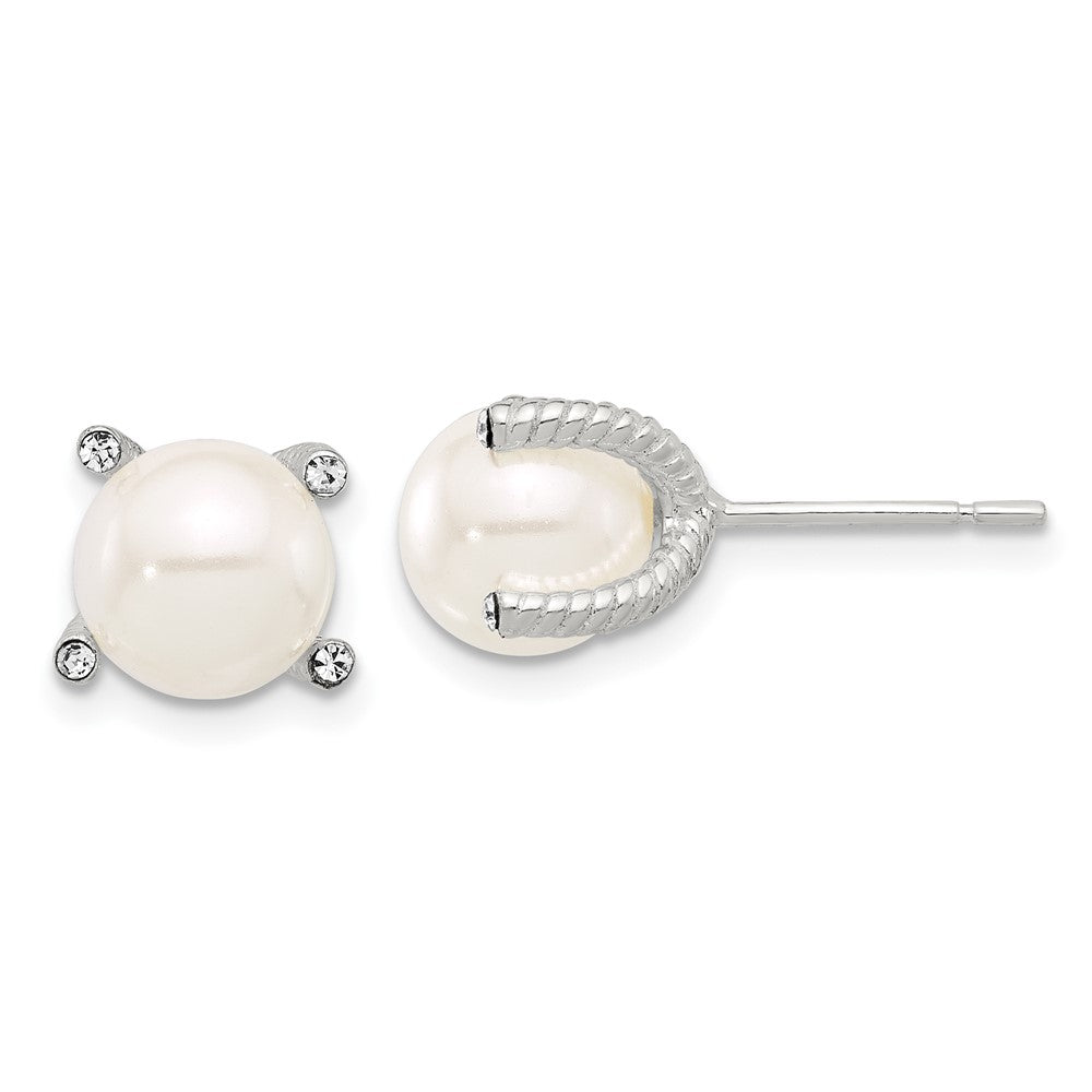 Sterling Silver Polished/twisted CZ and Synthetic Pearl Post Earrings