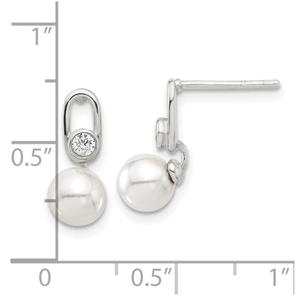 Sterling Silver E-Coated Polished 6-7mm Shell Pearl and CZ Post Earrings