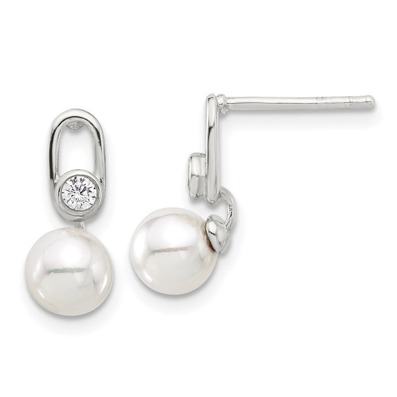 Sterling Silver E-Coated Polished 6-7mm Shell Pearl and CZ Post Earrings