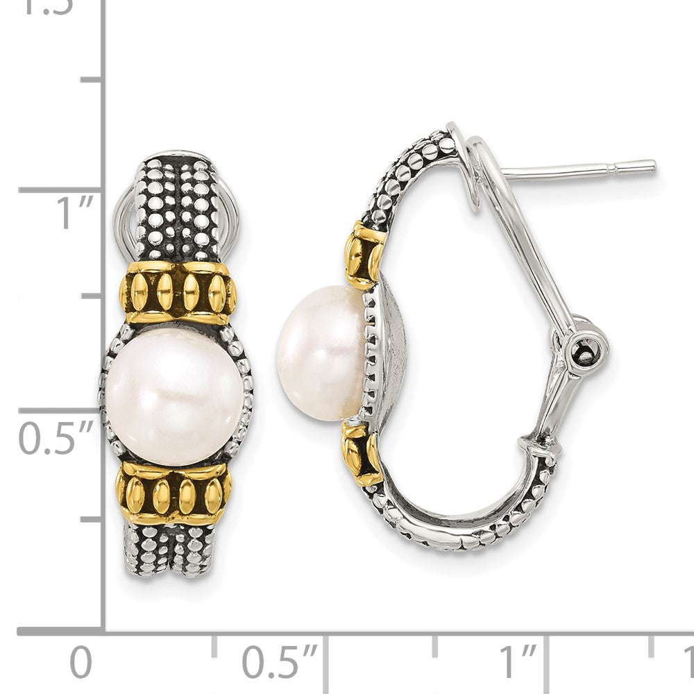 Sterling Silver Gold-Tone Antiqued Synthetic Pearl Omega Back Earrings