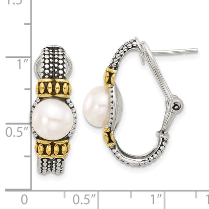 Sterling Silver Gold-Tone Antiqued Synthetic Pearl Omega Back Earrings