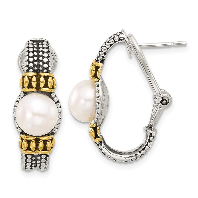 Sterling Silver Gold-Tone Antiqued Synthetic Pearl Omega Back Earrings
