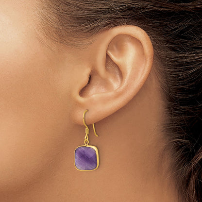 Sterling Silver Gold-Plated Polished Cushion Amethyst Dangle Earrings