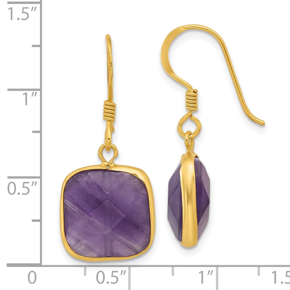 Sterling Silver Gold-Plated Polished Cushion Amethyst Dangle Earrings