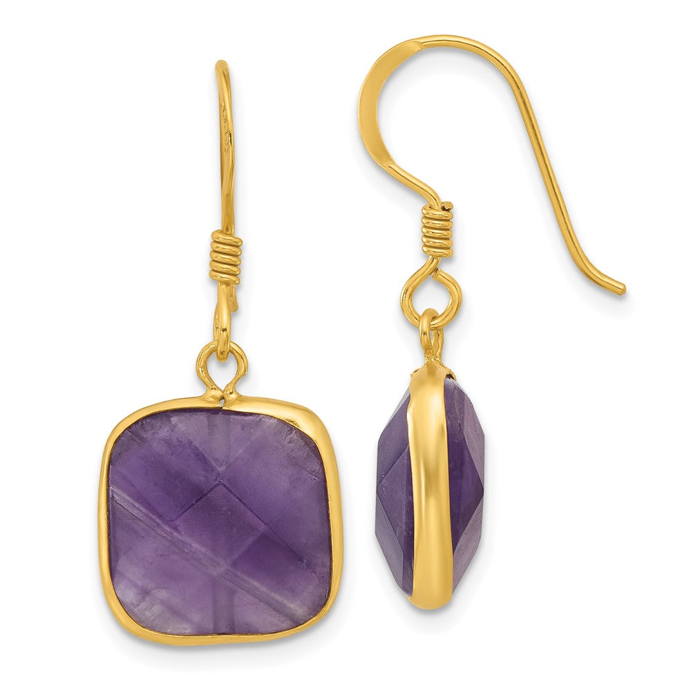 Sterling Silver Gold-Plated Polished Cushion Amethyst Dangle Earrings