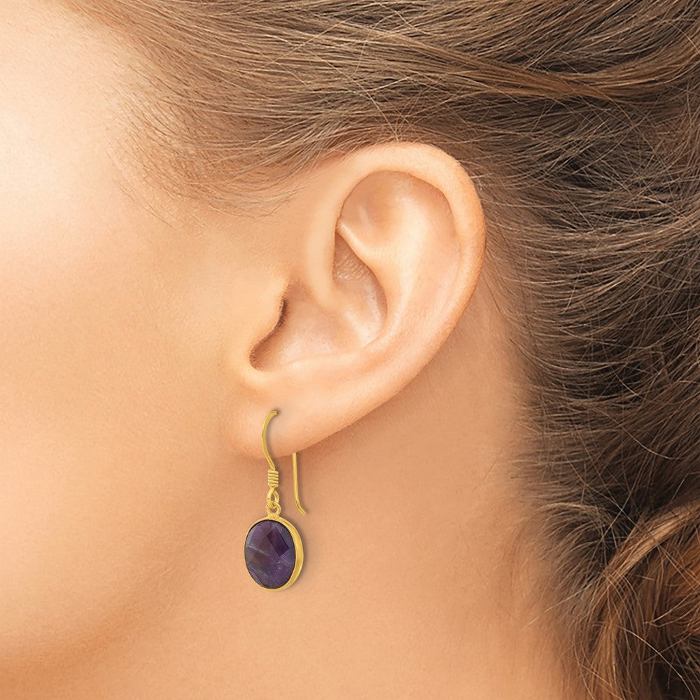 Sterling Silver Gold-Plated Polished Oval Amethyst Dangle Earrings