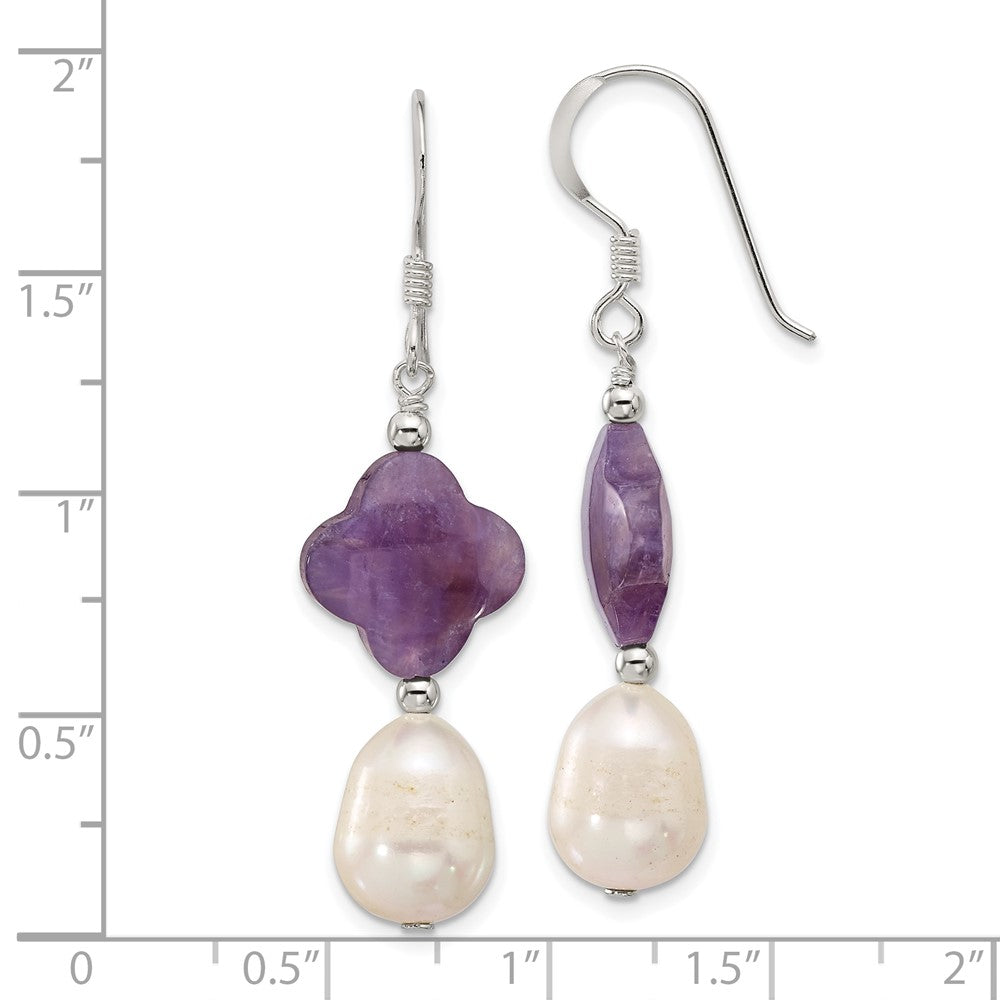 Sterling Silver Polished Amethyst Clover and Fwc Pearl Dangle Earrings