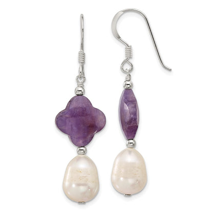 Sterling Silver Polished Amethyst Clover and Fwc Pearl Dangle Earrings
