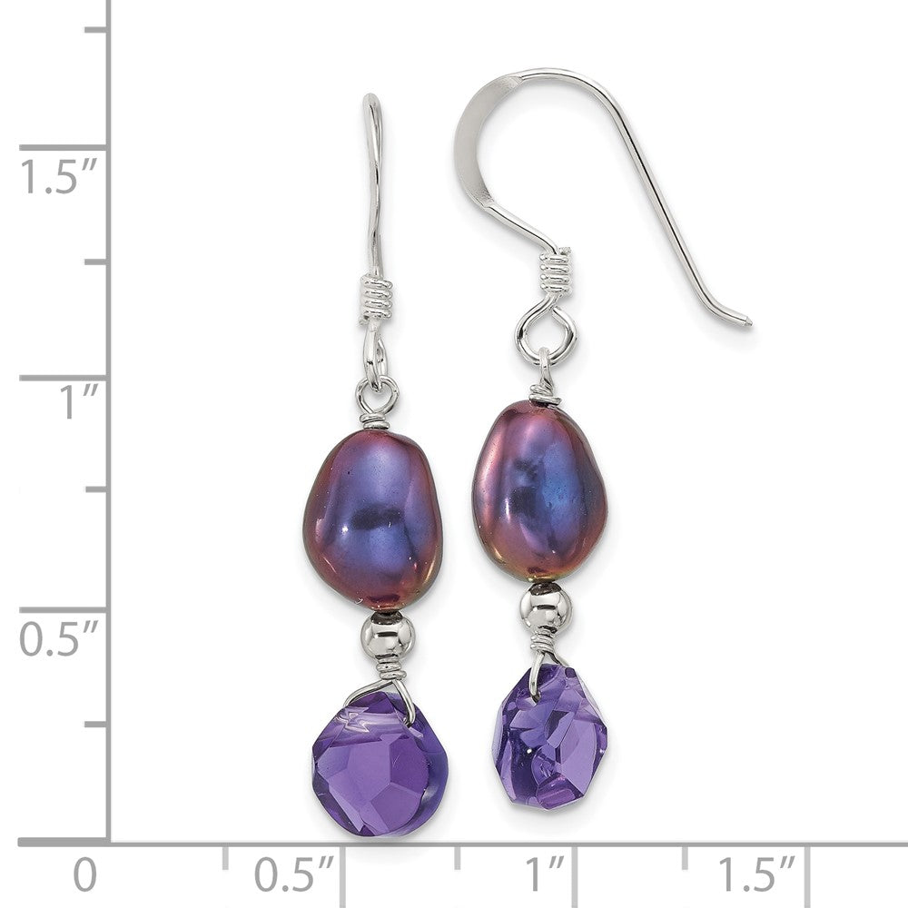 Sterling Silver Polished Fwc Pearl and Purple Quartz Dangle Earrings