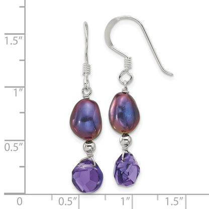 Sterling Silver Polished Fwc Pearl and Purple Quartz Dangle Earrings