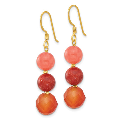 Sterling Silver Gold-Plated Carnelian/quartz/recon. Coral Dangle Earrings