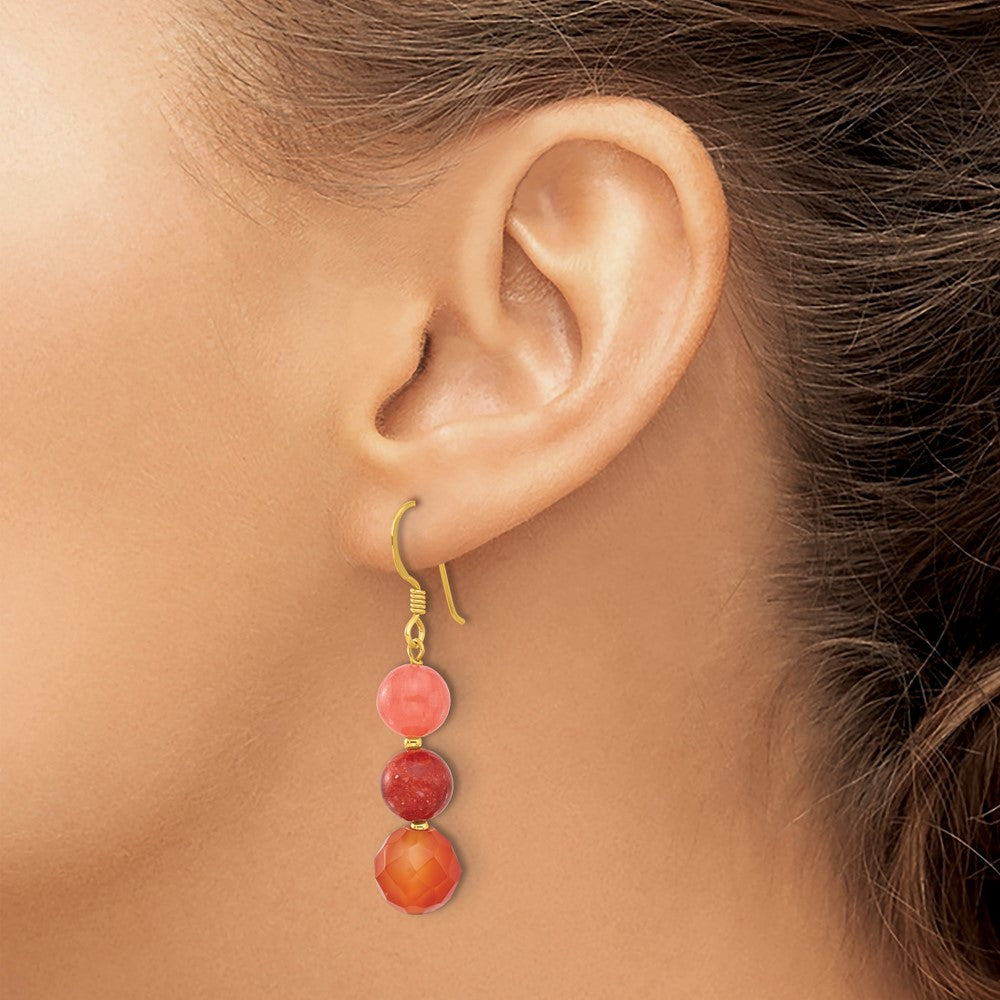 Sterling Silver Gold-Plated Carnelian/quartz/recon. Coral Dangle Earrings