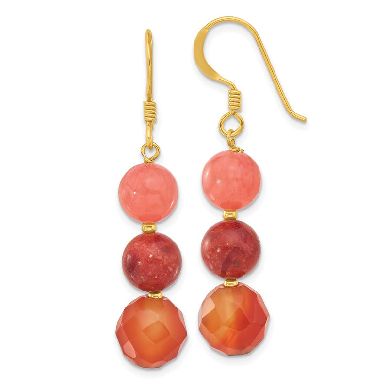 Sterling Silver Gold-Plated Carnelian/quartz/recon. Coral Dangle Earrings