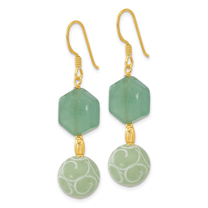 Sterling Silver Gold-Pltd Hexagon Aventurine & Swirl Jade Dangle Earrings