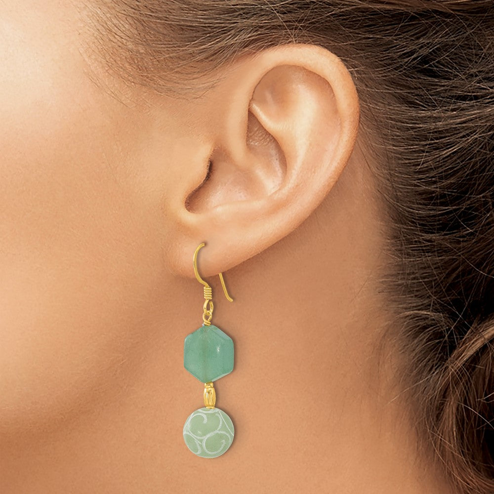 Sterling Silver Gold-Pltd Hexagon Aventurine & Swirl Jade Dangle Earrings