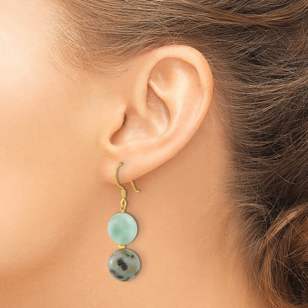 Sterling Silver Gold-Plated Polished Amazonite/kiwi Jasper Dangle Earrings