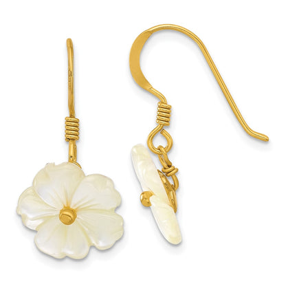 Sterling Silver Gold-Plated Polished Mother of Pearl Flower Dangle Earrings