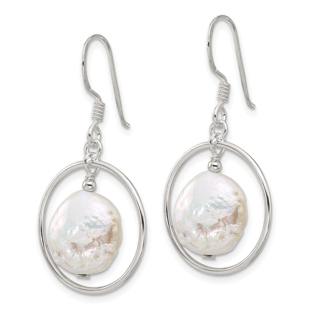 Sterling Silver Polished Fwc Coin Pearl Circle Dangle Earrings
