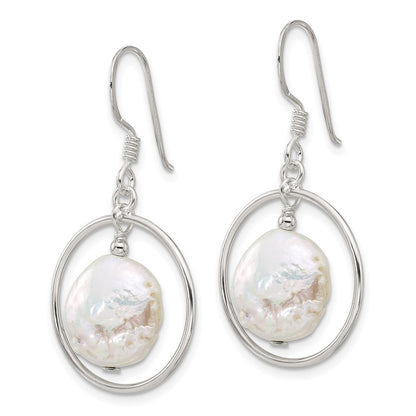 Sterling Silver Polished Fwc Coin Pearl Circle Dangle Earrings