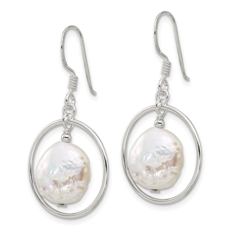 Sterling Silver Polished Fwc Coin Pearl Circle Dangle Earrings