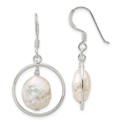 Sterling Silver Polished Fwc Coin Pearl Circle Dangle Earrings