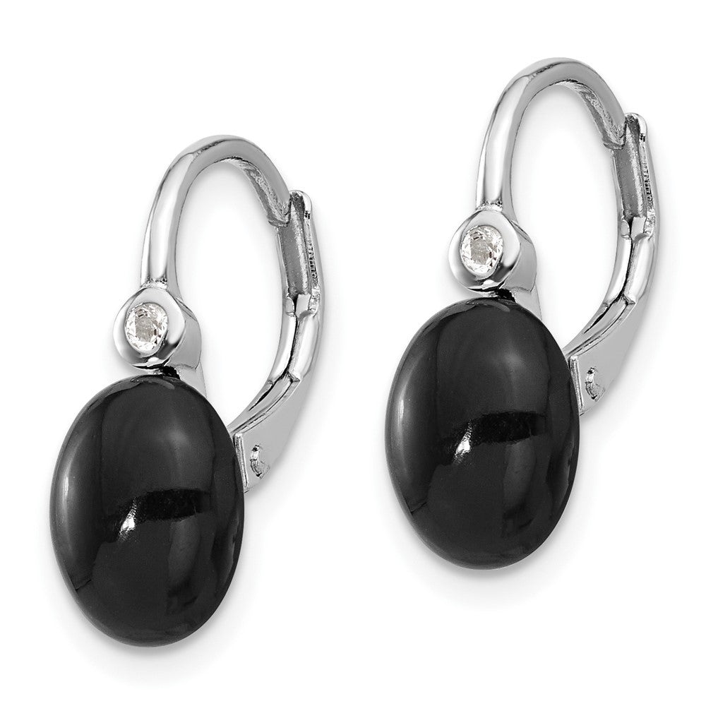 Sterling Silver Rhodium Plated Polished Onyx & White Topaz Leverback Earrings