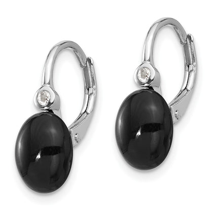 Sterling Silver Rhodium Plated Polished Onyx & White Topaz Leverback Earrings