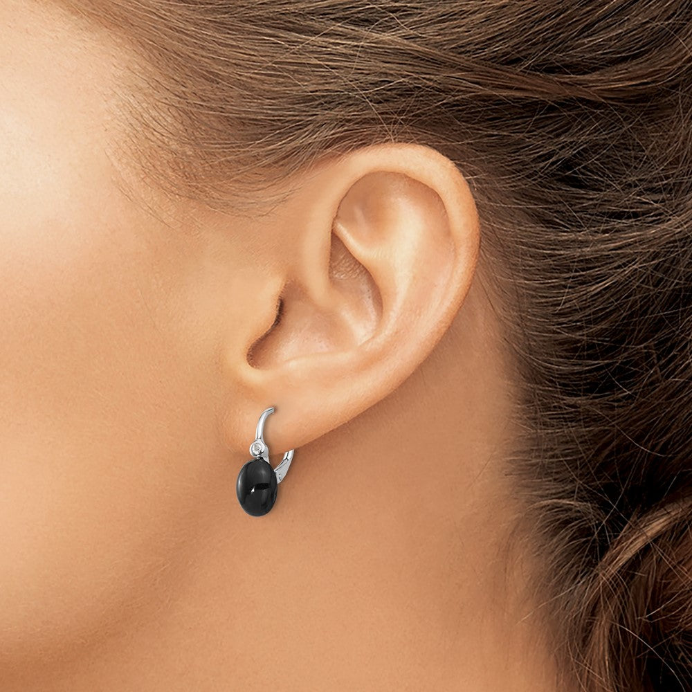 Sterling Silver Rhodium Plated Polished Onyx & White Topaz Leverback Earrings