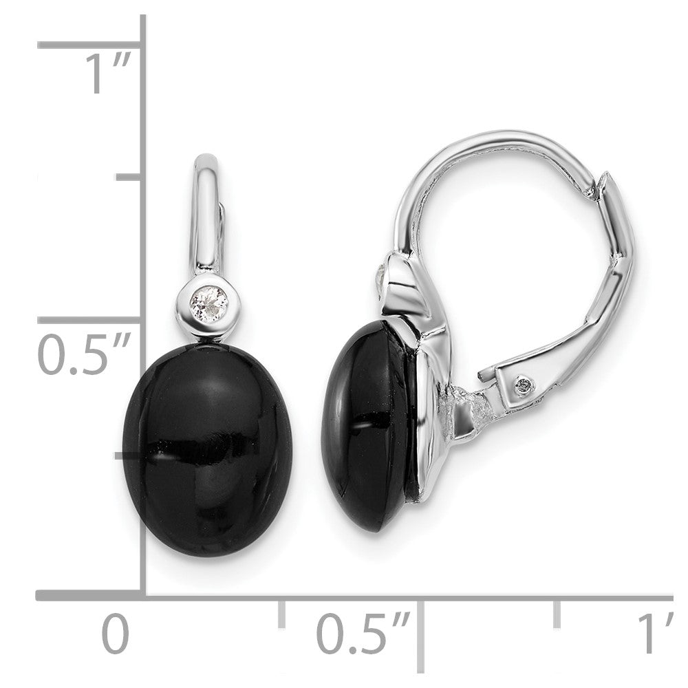 Sterling Silver Rhodium Plated Polished Onyx & White Topaz Leverback Earrings