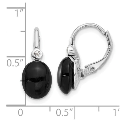 Sterling Silver Rhodium Plated Polished Onyx & White Topaz Leverback Earrings