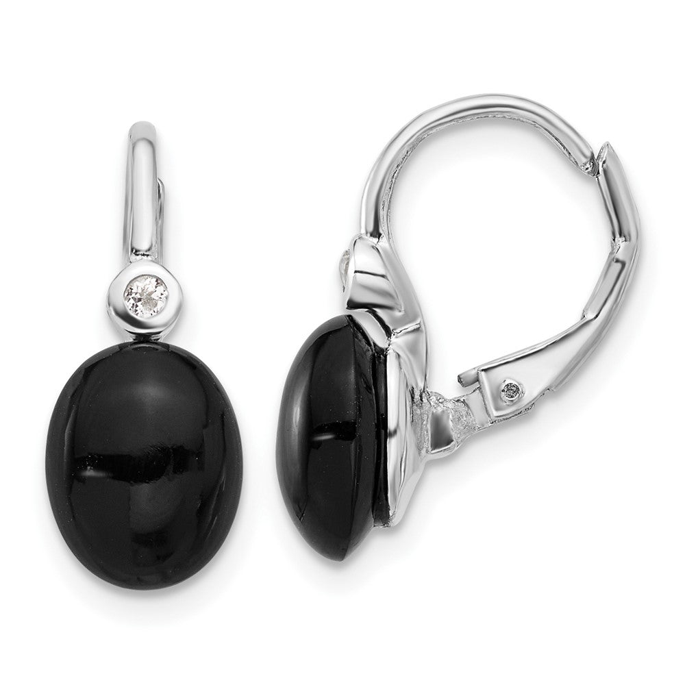 Sterling Silver Rhodium Plated Polished Onyx & White Topaz Leverback Earrings