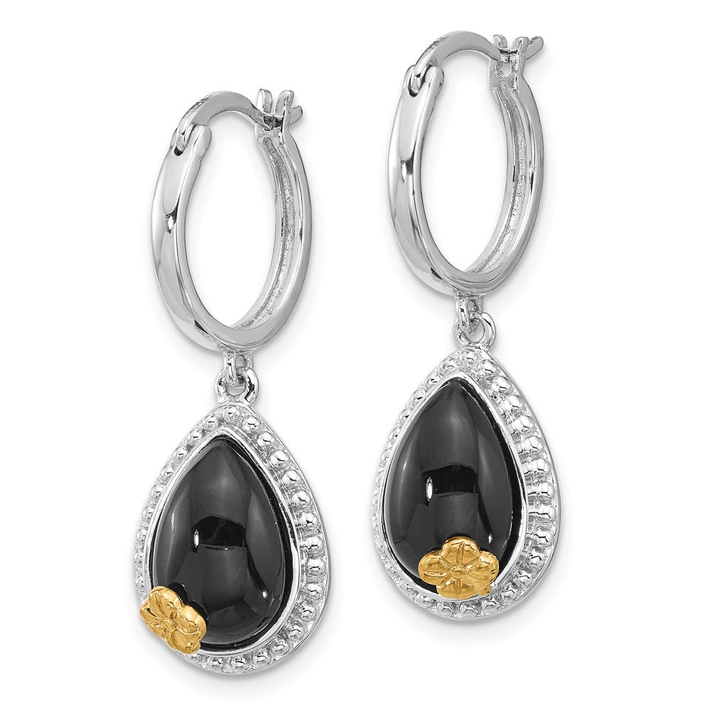 Sterling Silver Rh-Pltd W/ Silver/14K Two-Tone Accent Flower Onyx Teardrop Dangle Earrings
