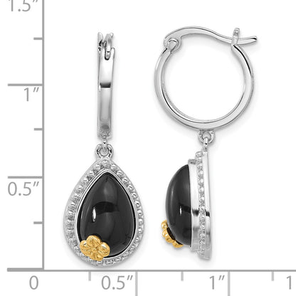 Sterling Silver Rh-Pltd W/ Silver/14K Two-Tone Accent Flower Onyx Teardrop Dangle Earrings
