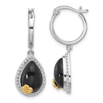 Sterling Silver Rh-Pltd W/ Silver/14K Two-Tone Accent Flower Onyx Teardrop Dangle Earrings