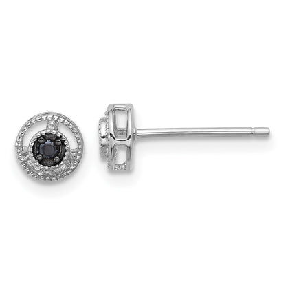 Sterling Silver Rhodium Plated Polished/beaded Black Spinel Circle Post Earrings